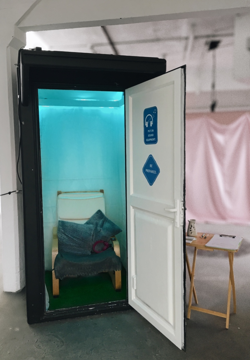 RELAXATION BOOTH, booth (with chair, lavender scent, colour-changing lights) and sound piece, DECEMBER 2018